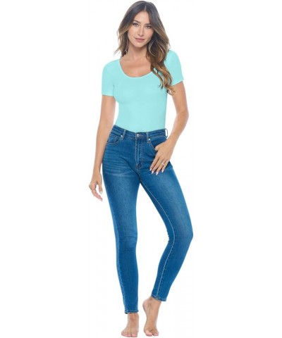 Short Sleeve Scoop Neck Body Suit-Breathable Cotton Stretch Aqua $9.22 Lingerie