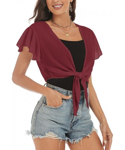 Women's Chiffon Cropped Bolero Sheer Shrugs for Dress Short Sleeve Tie Front Cardigan Wine Red $12.25 Sweaters