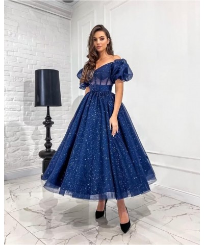 Women's Glitter Tulle Prom Dresses Tea Length Puffy Sleeve Off Shoulder Corset Formal Evening Party Ball Gowns Pink $40.49 Dr...