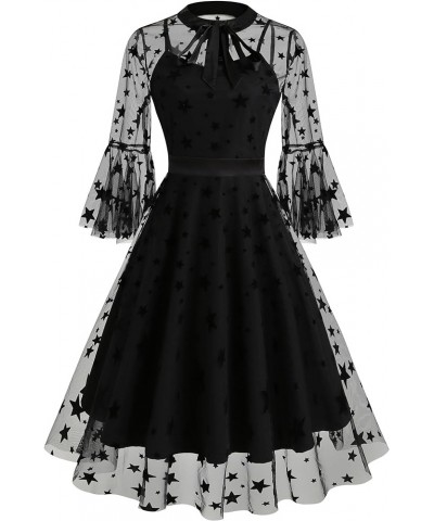 Women's Bell Sleeves Bowtie Full Mesh Two Piece Vintage Cocktail Dress Star $16.79 Dresses