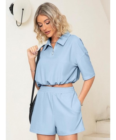 Women's Casual 2 Piece Outfits Half Zip Summer Short Sets Sweatsuits Short Sleeve Crop Top Tracksuit Blue $13.20 Activewear