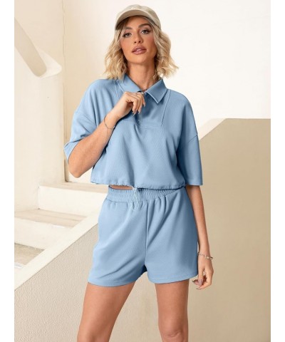 Women's Casual 2 Piece Outfits Half Zip Summer Short Sets Sweatsuits Short Sleeve Crop Top Tracksuit Blue $13.20 Activewear