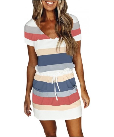 Summer Dresses for Women 2024 Sleeveless Casual Sling V Neck Mini Dress Striped Drawstring T Shirt Dress with Pockets D-0001 ...