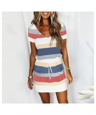 Summer Dresses for Women 2024 Sleeveless Casual Sling V Neck Mini Dress Striped Drawstring T Shirt Dress with Pockets D-0001 ...