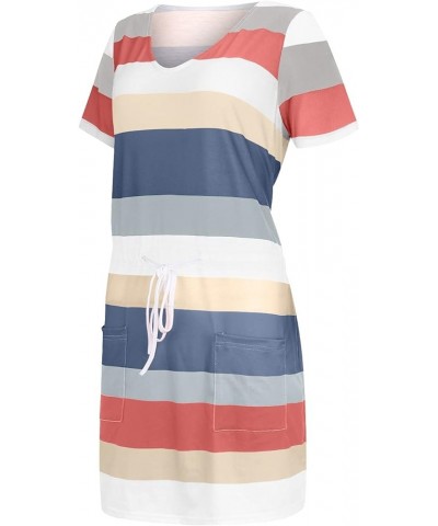 Summer Dresses for Women 2024 Sleeveless Casual Sling V Neck Mini Dress Striped Drawstring T Shirt Dress with Pockets D-0001 ...