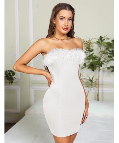 Women's 2023 Feather Tube Dress Bodycon Mini Midi Cocktail Evening Party Club Dress White, Mini $22.50 Dresses