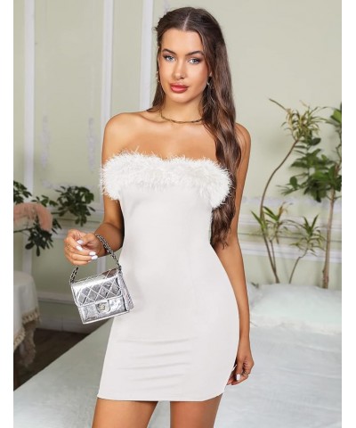 Women's 2023 Feather Tube Dress Bodycon Mini Midi Cocktail Evening Party Club Dress White, Mini $22.50 Dresses