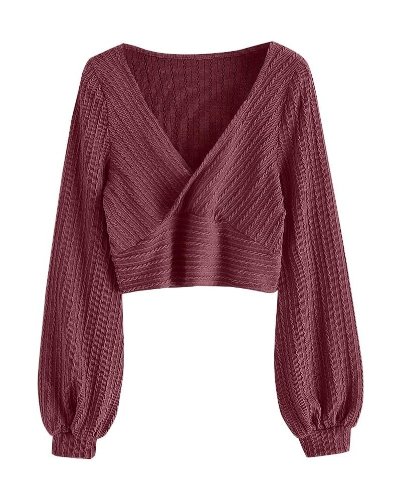 Women's Pullover Ribbed Cropped Knitwear Drawstring Ruched Knitted Crop Top Solid V-Neck Long Sleeve T-Shirt Red-47 $14.35 T-...