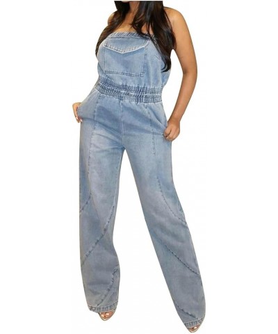 Summer Ripped Strapless Denim Jumpsuit Women's Wide Leg Washed Jeans Rompers Deep V Neck Back Zipper Overalls A3-blue $30.15 ...