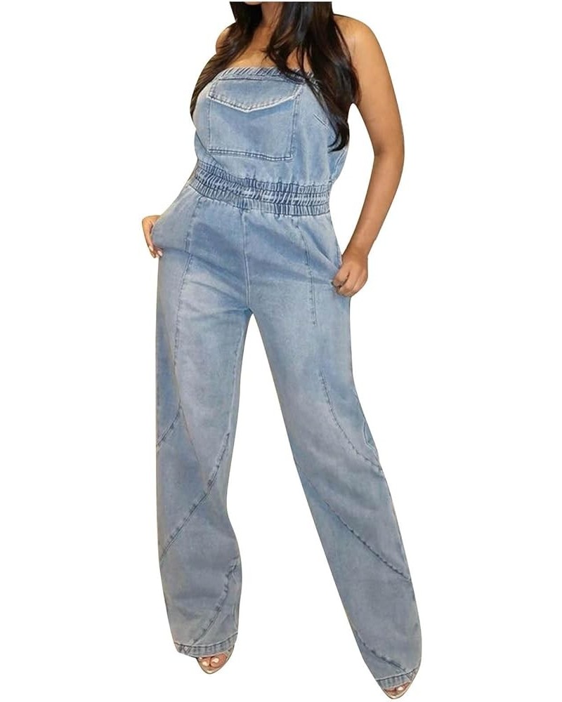 Summer Ripped Strapless Denim Jumpsuit Women's Wide Leg Washed Jeans Rompers Deep V Neck Back Zipper Overalls A3-blue $30.15 ...