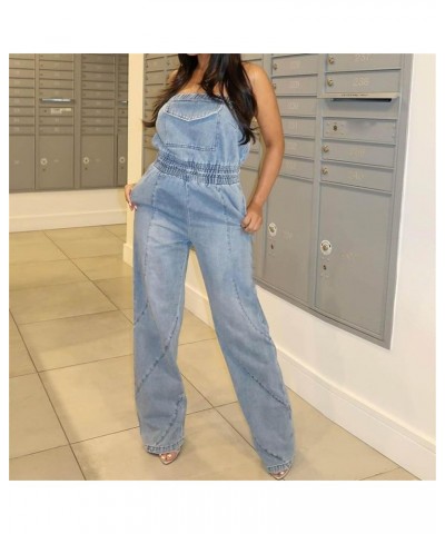 Summer Ripped Strapless Denim Jumpsuit Women's Wide Leg Washed Jeans Rompers Deep V Neck Back Zipper Overalls A3-blue $30.15 ...