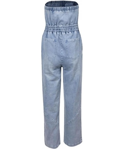 Summer Ripped Strapless Denim Jumpsuit Women's Wide Leg Washed Jeans Rompers Deep V Neck Back Zipper Overalls A3-blue $30.15 ...