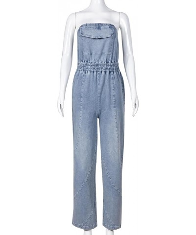 Summer Ripped Strapless Denim Jumpsuit Women's Wide Leg Washed Jeans Rompers Deep V Neck Back Zipper Overalls A3-blue $30.15 ...