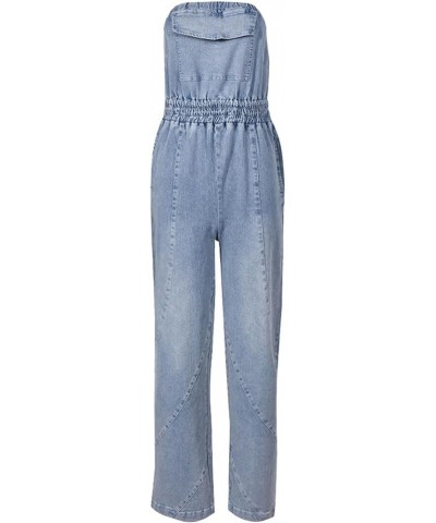 Summer Ripped Strapless Denim Jumpsuit Women's Wide Leg Washed Jeans Rompers Deep V Neck Back Zipper Overalls A3-blue $30.15 ...