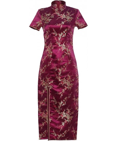 Short Sleeve Long Qipao Brocade Chinese Traditional Cheongsam Dress for Womens Plum Blossom Embroidery Wine Red $14.28 Dresses