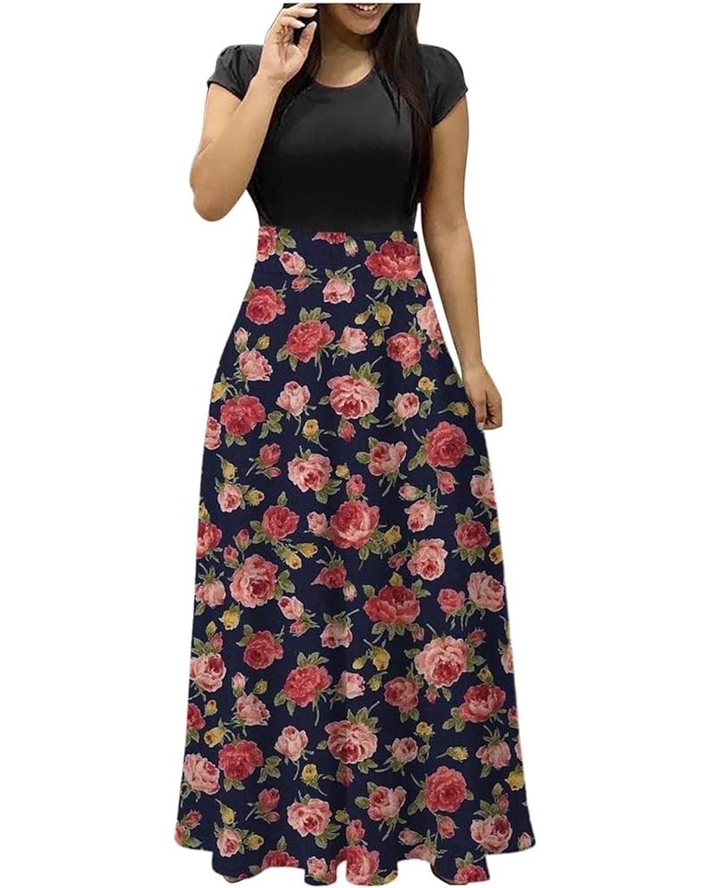 Summer Dresses for Women 2024 Short Sleeve Maxi Dress Bohemian Floral Casual Long Dress Crew Neck Beach Holiday Dress C07-pin...