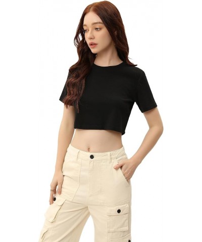 Women's Cropped Top Tees Summer Graphic Letter Print Round Neck Short Sleeve Slim Fit Casual T 016 Black $9.50 Tops