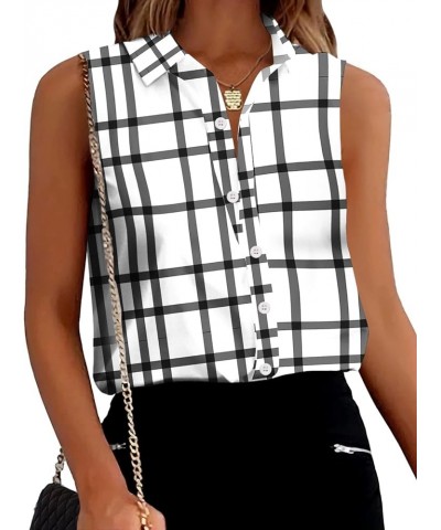 Women's Sleeveless Button Down Shirts Blouses Solid Casual Loose V Neck Tank Tops for Work S-XXL Black Plaid $10.89 Tanks