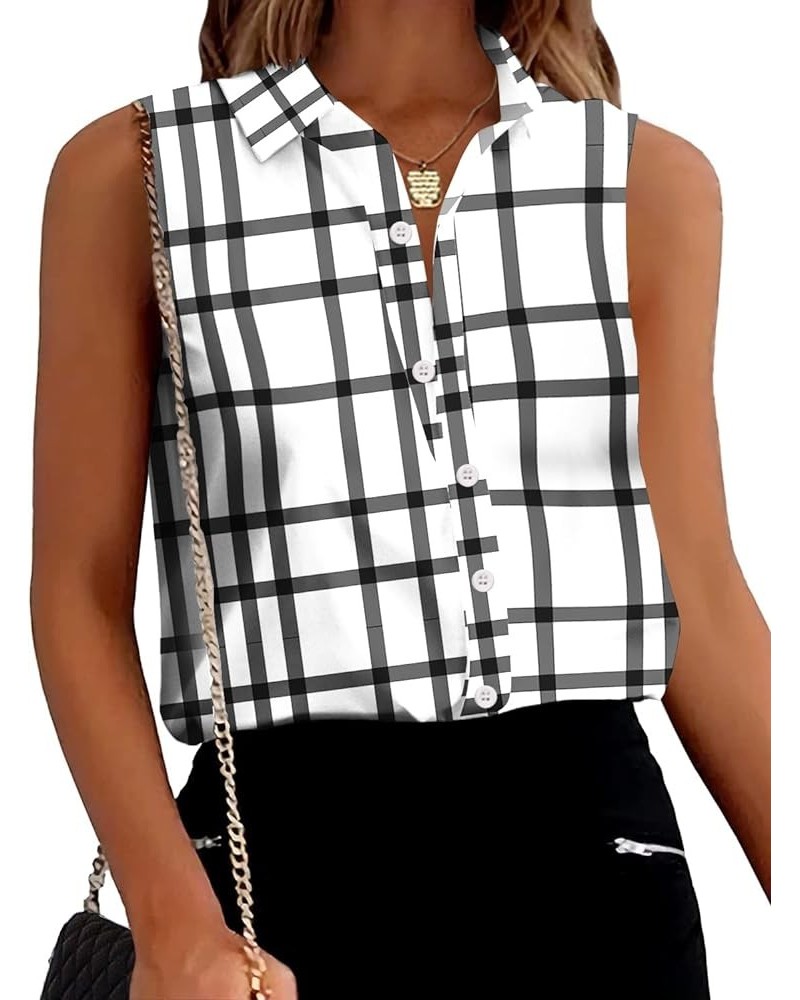 Women's Sleeveless Button Down Shirts Blouses Solid Casual Loose V Neck Tank Tops for Work S-XXL Black Plaid $10.89 Tanks