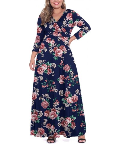 Women's Solid V-Neck 3/4 Sleeve Plus Size Evening Party Maxi Dress Flower Navy Blue $18.35 Dresses