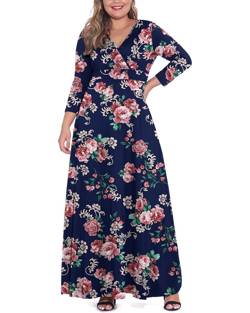 Women's Solid V-Neck 3/4 Sleeve Plus Size Evening Party Maxi Dress Flower Navy Blue $18.35 Dresses