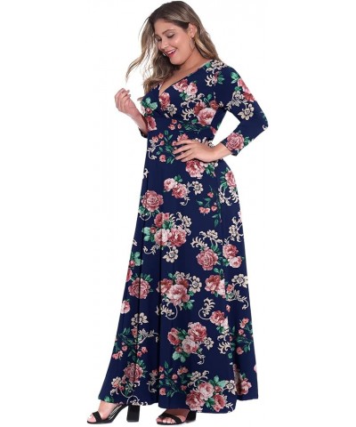 Women's Solid V-Neck 3/4 Sleeve Plus Size Evening Party Maxi Dress Flower Navy Blue $18.35 Dresses