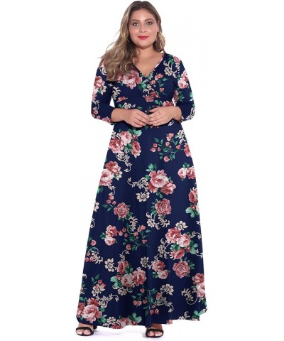 Women's Solid V-Neck 3/4 Sleeve Plus Size Evening Party Maxi Dress Flower Navy Blue $18.35 Dresses