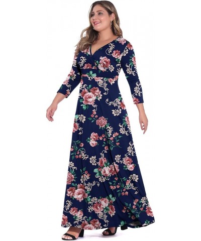 Women's Solid V-Neck 3/4 Sleeve Plus Size Evening Party Maxi Dress Flower Navy Blue $18.35 Dresses