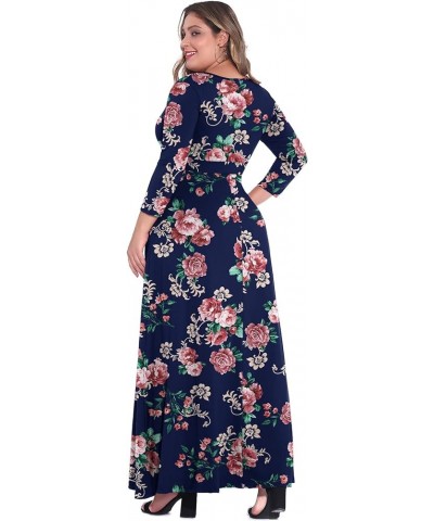 Women's Solid V-Neck 3/4 Sleeve Plus Size Evening Party Maxi Dress Flower Navy Blue $18.35 Dresses