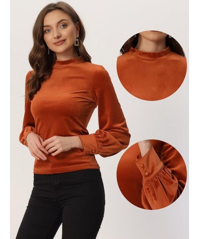 Elegant Velvet Top for Women's Crew Neck Puff Long Sleeve Ribbed Velour Blouse Caramel $17.36 Blouses