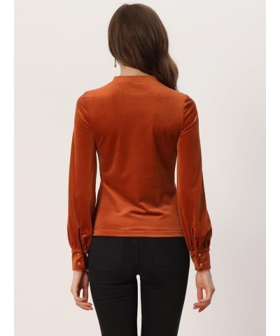 Elegant Velvet Top for Women's Crew Neck Puff Long Sleeve Ribbed Velour Blouse Caramel $17.36 Blouses