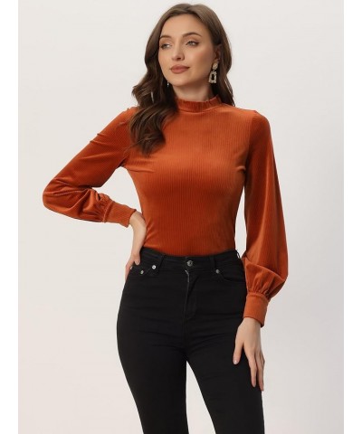 Elegant Velvet Top for Women's Crew Neck Puff Long Sleeve Ribbed Velour Blouse Caramel $17.36 Blouses