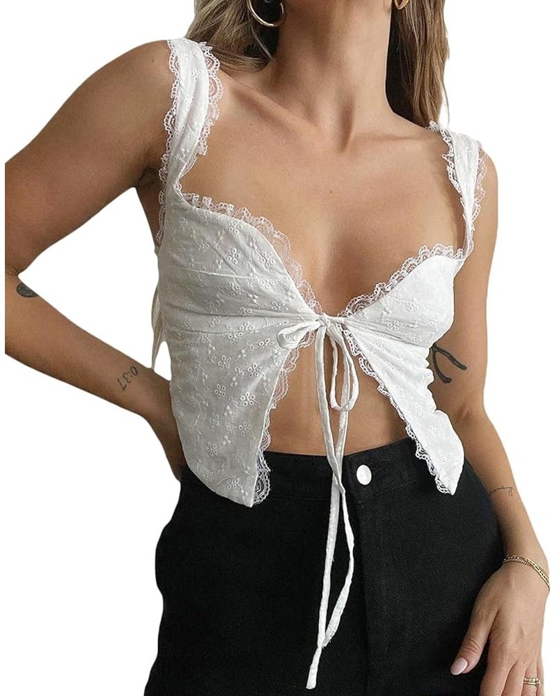 Women's Lace Ruffles Camis Tie Up Open Front Sleeveless Solid Color Casual Party Street Drawstring Cropped Tops H White $7.40...