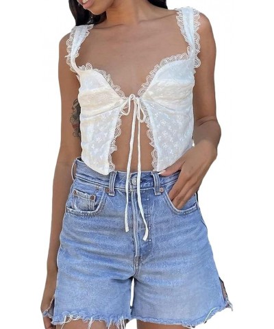 Women's Lace Ruffles Camis Tie Up Open Front Sleeveless Solid Color Casual Party Street Drawstring Cropped Tops H White $7.40...