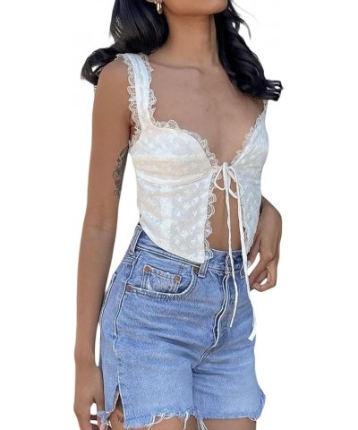 Women's Lace Ruffles Camis Tie Up Open Front Sleeveless Solid Color Casual Party Street Drawstring Cropped Tops H White $7.40...