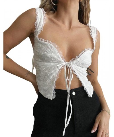 Women's Lace Ruffles Camis Tie Up Open Front Sleeveless Solid Color Casual Party Street Drawstring Cropped Tops H White $7.40...