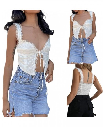 Women's Lace Ruffles Camis Tie Up Open Front Sleeveless Solid Color Casual Party Street Drawstring Cropped Tops H White $7.40...