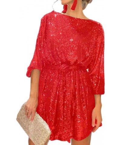 Womens Sequin Dress Sparkly Glitter Dress Short Sleeves Babydoll Summer Dress Round Neck Tired Loose Club Mini Dress B-red $1...