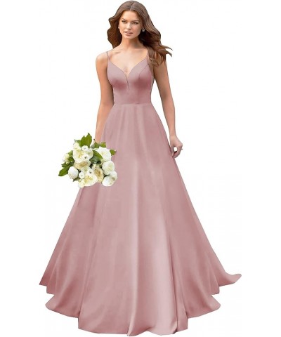 A line Satin Prom Dresses V Neck Long Ball Gowns Simple Wedding Dresses Dusty Rose $44.59 Dresses