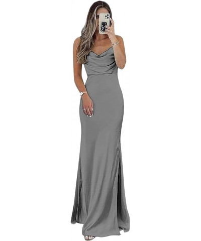 Women's Cowl Neck Bridesmaid Dresses with Slit 2023 Long Spaghetti Straps Satin Mermaid Formal Dress NO103 Gray $25.38 Dresses