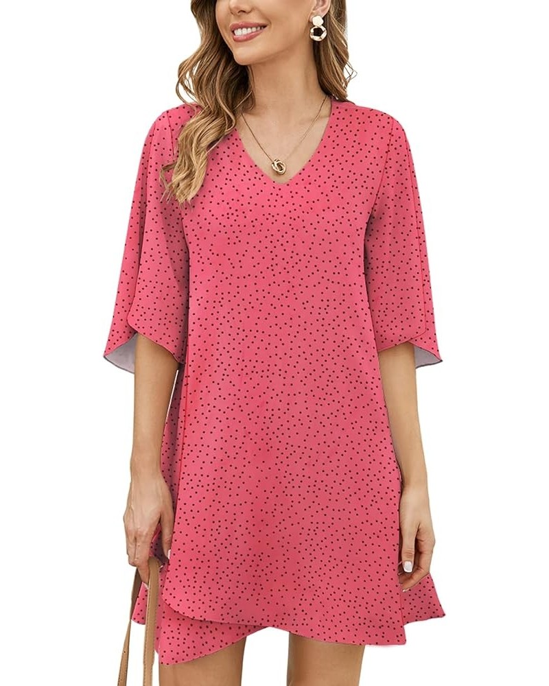 Women's 2024 Summer Dress Sweet & Cute V-Neck 3/4 Bell Sleeve Casual Flowy Swing Dress F2: Polka Dot Hot Pink $20.29 Dresses