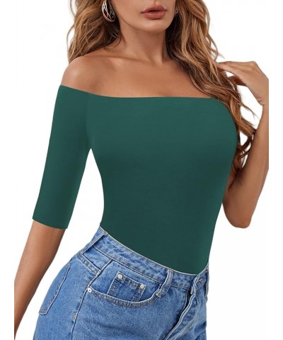 Women's Off The Shoulder Tops Elbow Sleeve Boatneck T-Shirt Slim Stretchy Shirts Elbow Sleeve Dark Green $13.19 T-Shirts