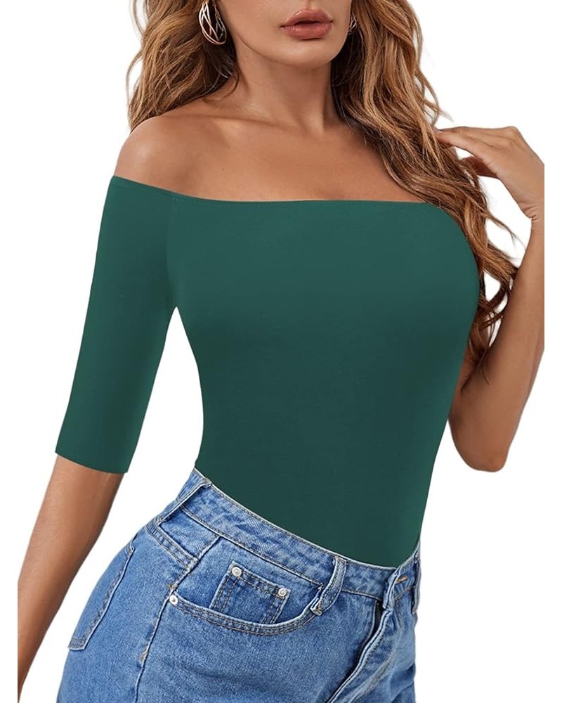 Women's Off The Shoulder Tops Elbow Sleeve Boatneck T-Shirt Slim Stretchy Shirts Elbow Sleeve Dark Green $13.19 T-Shirts