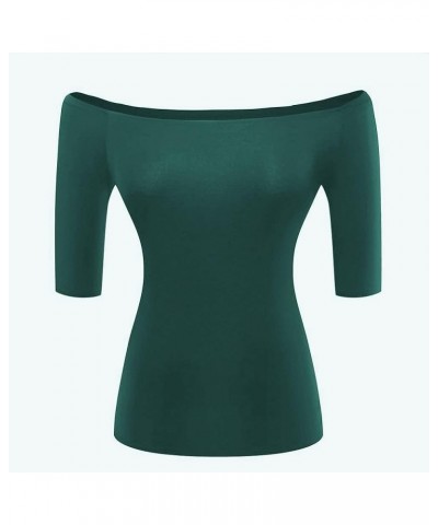 Women's Off The Shoulder Tops Elbow Sleeve Boatneck T-Shirt Slim Stretchy Shirts Elbow Sleeve Dark Green $13.19 T-Shirts