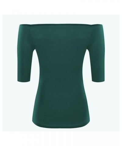 Women's Off The Shoulder Tops Elbow Sleeve Boatneck T-Shirt Slim Stretchy Shirts Elbow Sleeve Dark Green $13.19 T-Shirts