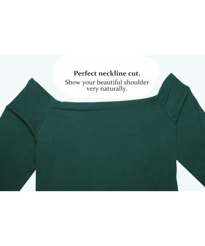 Women's Off The Shoulder Tops Elbow Sleeve Boatneck T-Shirt Slim Stretchy Shirts Elbow Sleeve Dark Green $13.19 T-Shirts