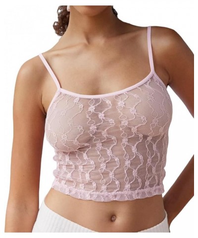 Women Y2k Lace Cami Crop Top Floral Mesh Spaghetti Strap Lace Trim Camisole Going Out Tank T Shirt Streetwear A-pink $9.29 Tanks