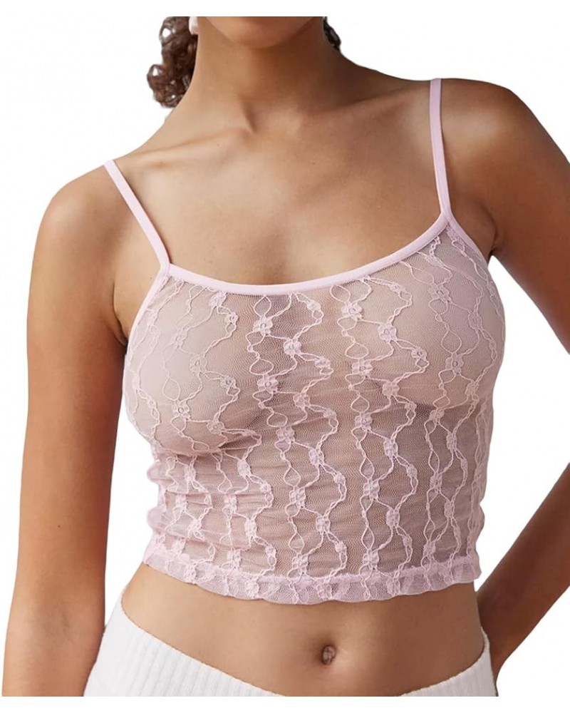 Women Y2k Lace Cami Crop Top Floral Mesh Spaghetti Strap Lace Trim Camisole Going Out Tank T Shirt Streetwear A-pink $9.29 Tanks