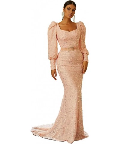 Women’s Elegant Sequin Long Sleeve Mermaid Prom Maxi Dress, Formal Rhinestone Evening Gowns with Belt Pink $45.40 Dresses