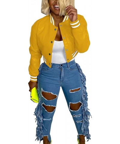 Women Faux Leather Jacket Light Moto Bomber Jackets Cropped Letterman Baseball Jacket Fall Coat with Pockets A-yellow $23.00 ...